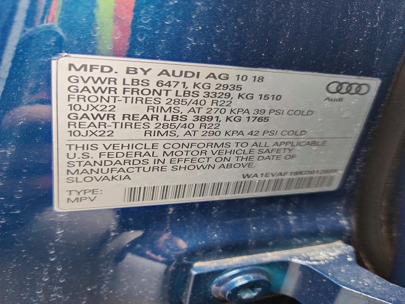 Aukcja sprzedaży 2019 Audi Q8, vin: WA1EVAF16KD012639, numer aukcji: 68714126