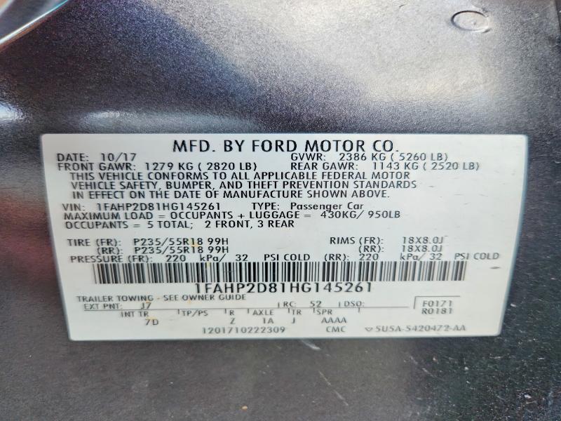 2017 Ford Taurus მანქანა იყიდება აუქციონზე, vin: 1FAHP2D81HG145261, აუქციონის ნომერი: 67612656