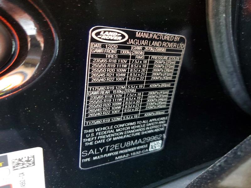 Aukcja sprzedaży 2021 Land Rover Range Rover Velar, vin: SALYT2EU8MA299621, numer aukcji: 69572566