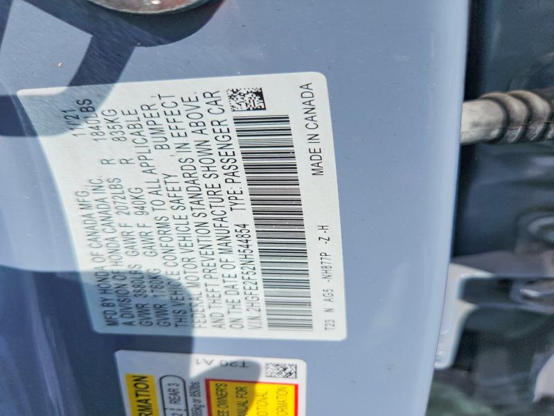 Aukcja sprzedaży 2022 Honda Civic, vin: 2HGFE2F52NH544854, numer aukcji: 68592736