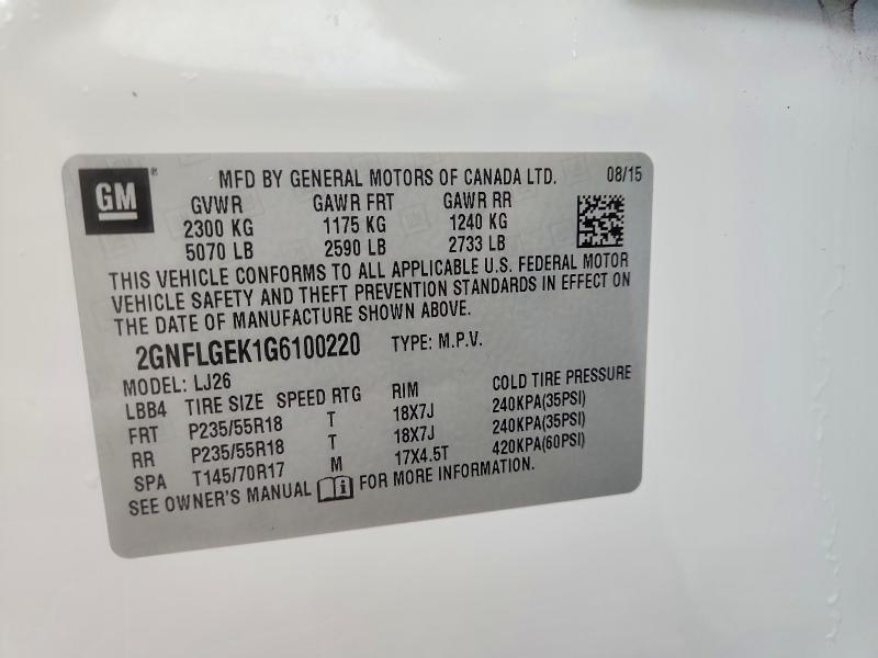 68286986 :رقم المزاد ، 2GNFLGEK1G6100220 vin ، 2016 Chevrolet Equinox مزاد بيع