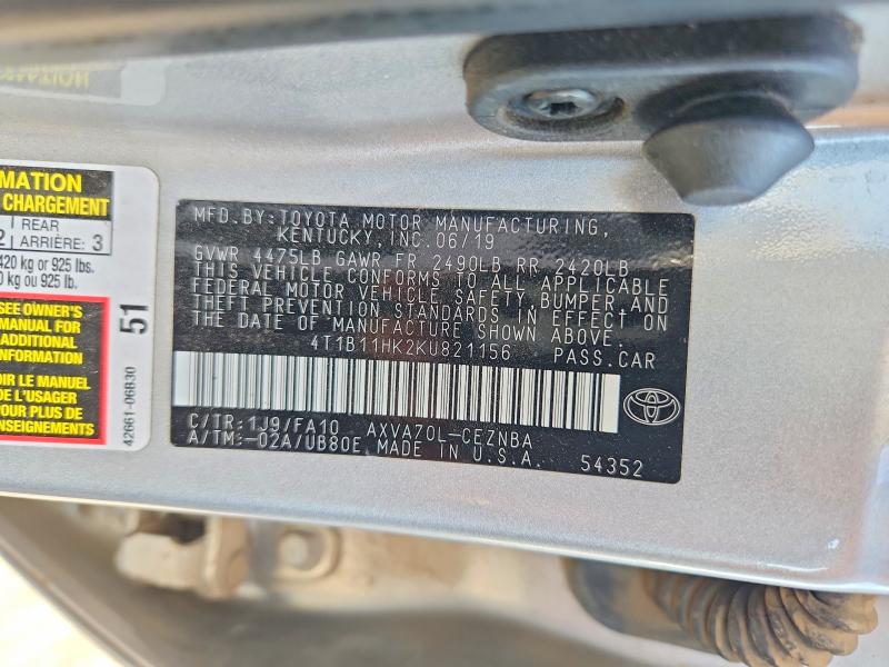 2019 Toyota Camry მანქანა იყიდება აუქციონზე, vin: 4T1B11HK2KU821156, აუქციონის ნომერი: 69996476