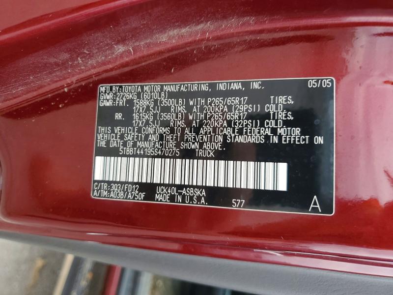 2005 Toyota Tundra მანქანა იყიდება აუქციონზე, vin: 5TBBT44195S470275, აუქციონის ნომერი: 70531706