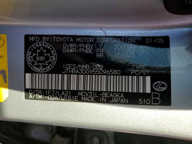 2005 Lexus Es მანქანა იყიდება აუქციონზე, vin: JTHBA30G955096580, აუქციონის ნომერი: 68289406