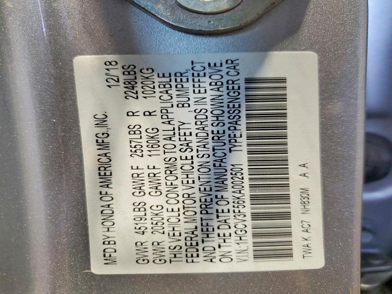 69182506 :رقم المزاد ، 1HGCV3F56KA002501 vin ، 2019 Honda Accord مزاد بيع