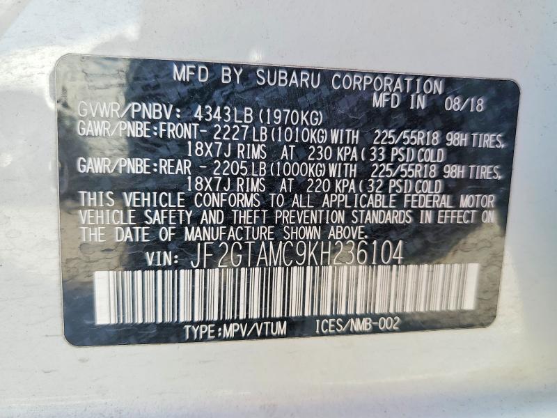 69093746 :رقم المزاد ، JF2GTAMC9KH236104 vin ، 2019 Subaru Crosstrek مزاد بيع