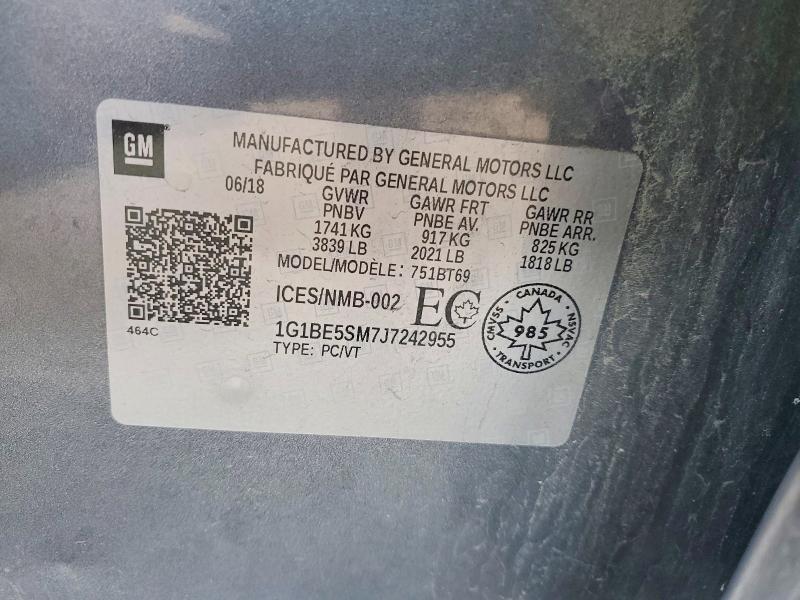 2018 Chevrolet Cruze მანქანა იყიდება აუქციონზე, vin: 1G1BE5SM7J7242955, აუქციონის ნომერი: 67959896