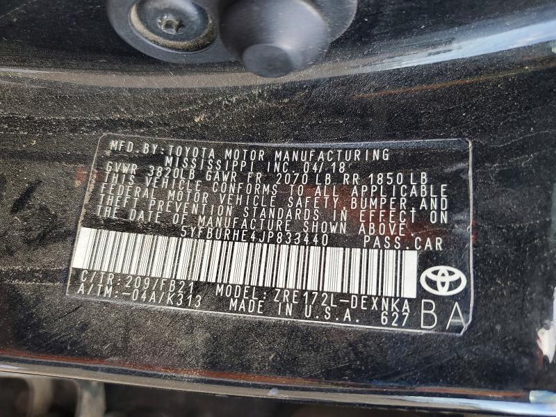 Aukcja sprzedaży 2018 Toyota Corolla, vin: 5YFBURHE4JP833440, numer aukcji: 69634046