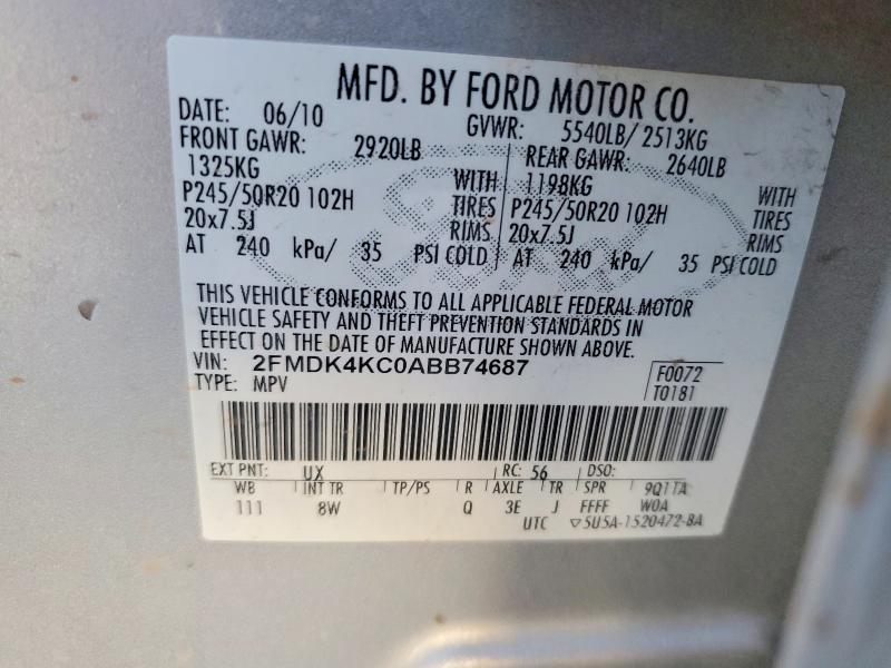 2010 Ford Edge მანქანა იყიდება აუქციონზე, vin: 2FMDK4KC0ABB74687, აუქციონის ნომერი: 68172886