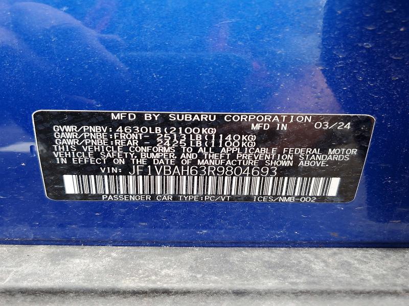 Aukcja sprzedaży 2024 Subaru Wrx, vin: JF1VBAH63R9804693, numer aukcji: 71382006