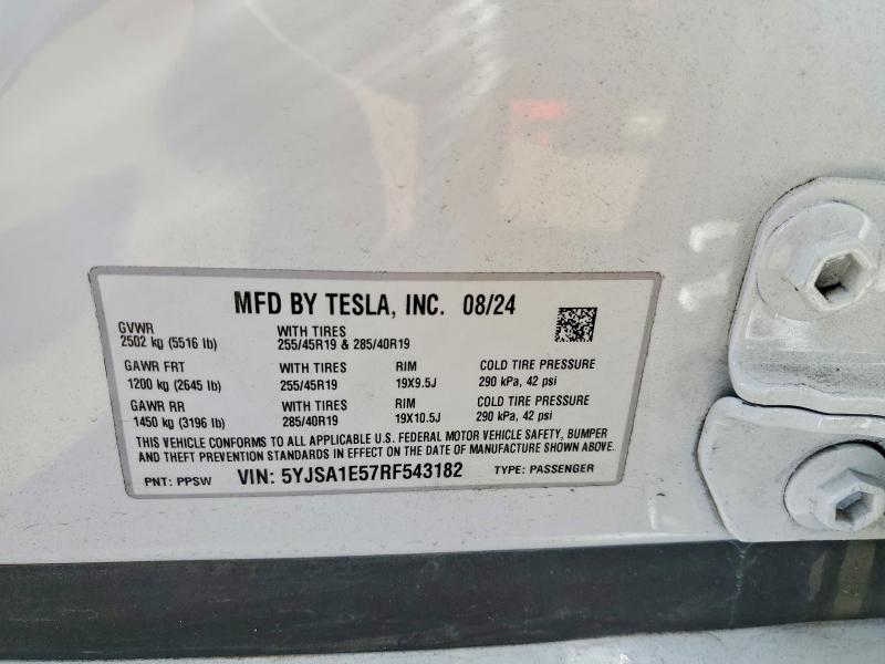 68696176 :رقم المزاد ، 5YJSA1E57RF543182 vin ، 2024 Tesla Model S مزاد بيع