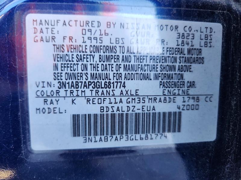 Продаж на аукціоні авто 2016 Nissan Sentra, vin: 3N1AB7AP3GL681774, номер лоту: 69331006