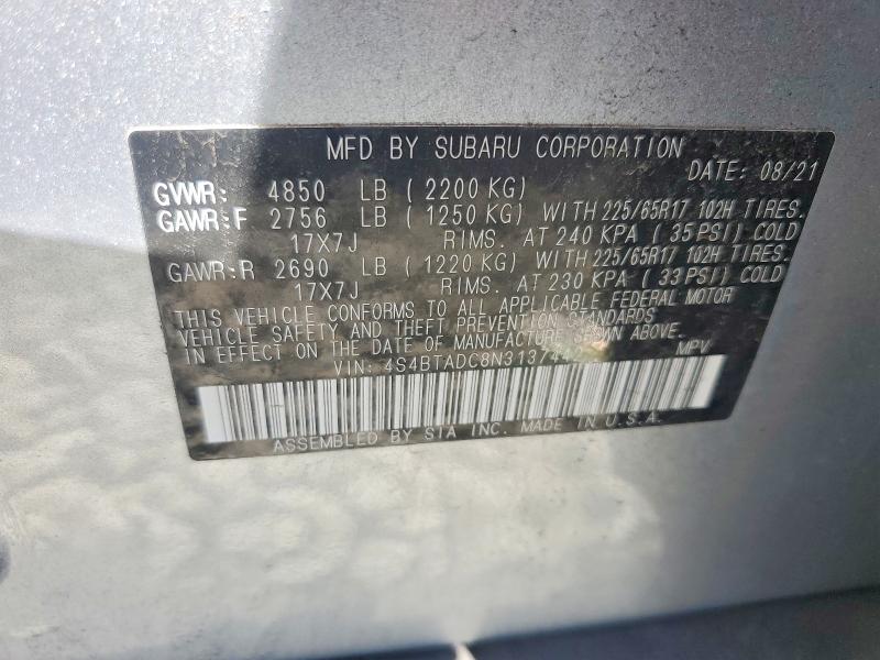 69100616 :رقم المزاد ، 4S4BTADC8N3137442 vin ، 2022 Subaru Outback مزاد بيع