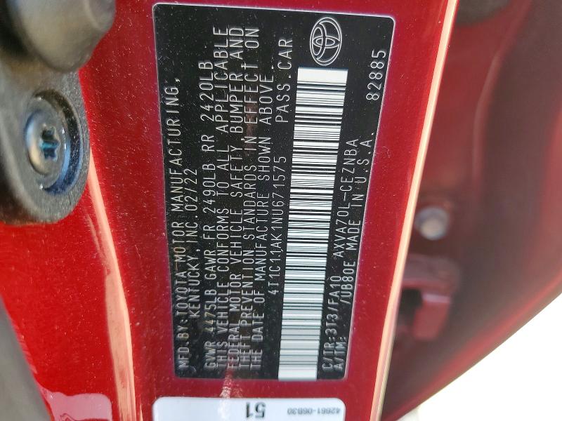 66949676 :رقم المزاد ، 4T1C11AK1NU671575 vin ، 2022 Toyota Camry مزاد بيع