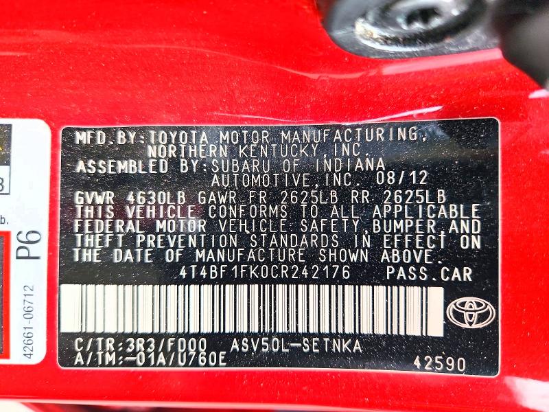 2012 Toyota Camry მანქანა იყიდება აუქციონზე, vin: 4T4BF1FK0CR242176, აუქციონის ნომერი: 68765666