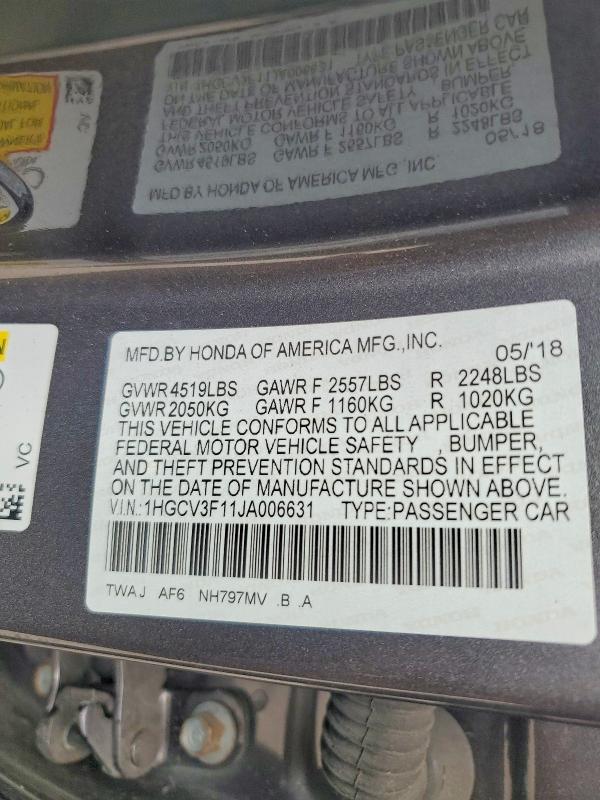 Продаж на аукціоні авто 2018 Honda Accord, vin: 1HGCV3F11JA006631, номер лоту: 71040706