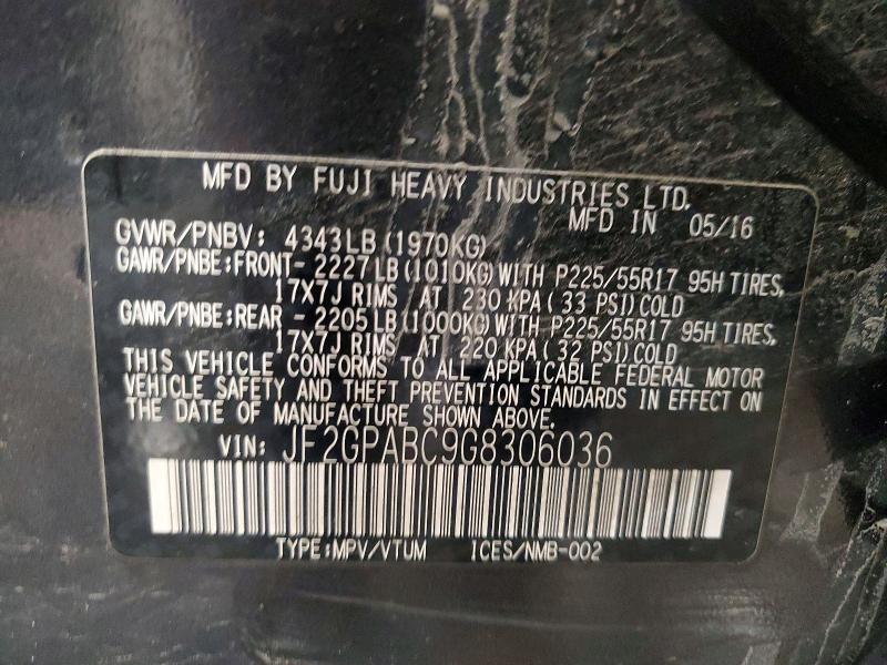 2016 Subaru Crosstrek მანქანა იყიდება აუქციონზე, vin: JF2GPABC9G8306036, აუქციონის ნომერი: 70140546