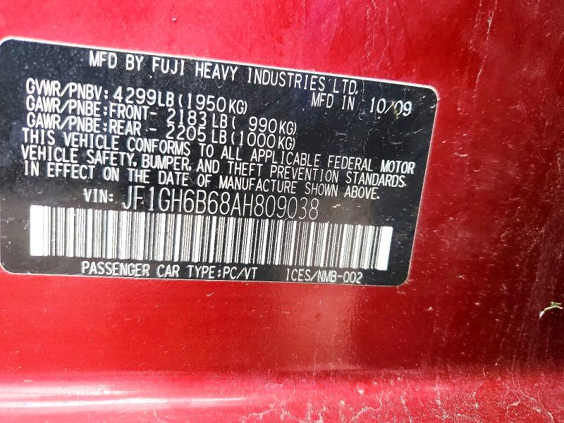 Продажа на аукционе авто 2010 Subaru Impreza, vin: JF1GH6B68AH809038, номер лота: 68670786