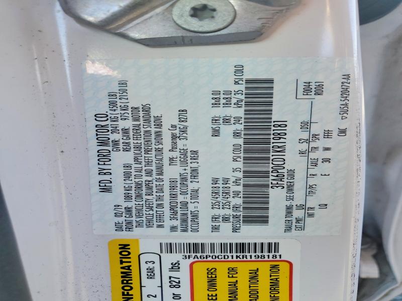 Aukcja sprzedaży 2019 Ford Fusion, vin: 3FA6P0CD1KR198181, numer aukcji: 68914436