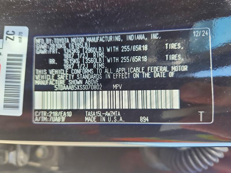 67998106 :رقم المزاد ، 5TDAAAB5XSS070802 vin ، 2025 Toyota Grand Highlander مزاد بيع