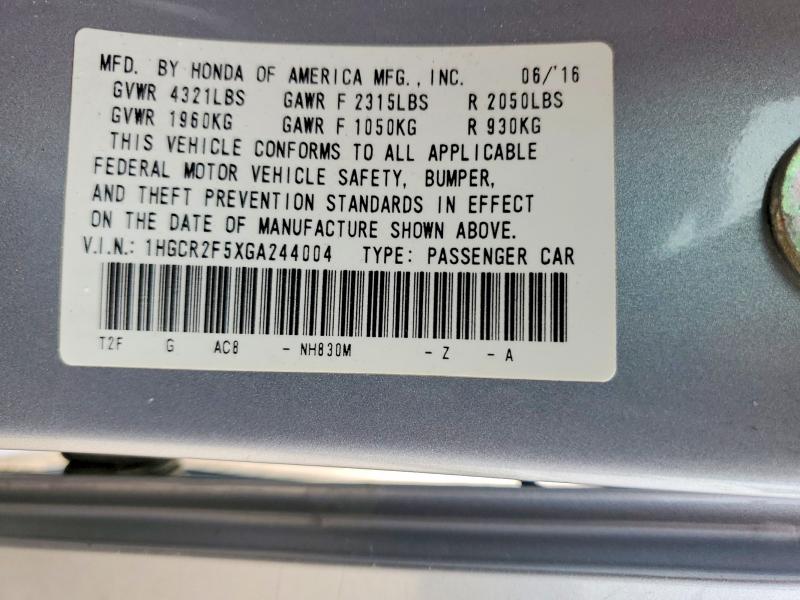 67805136 :رقم المزاد ، 1HGCR2F5XGA244004 vin ، 2016 Honda Accord مزاد بيع