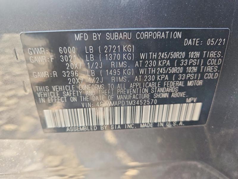 Продаж на аукціоні авто 2021 Subaru Ascent, vin: 4S4WMAPD1M3452570, номер лоту: 67080036