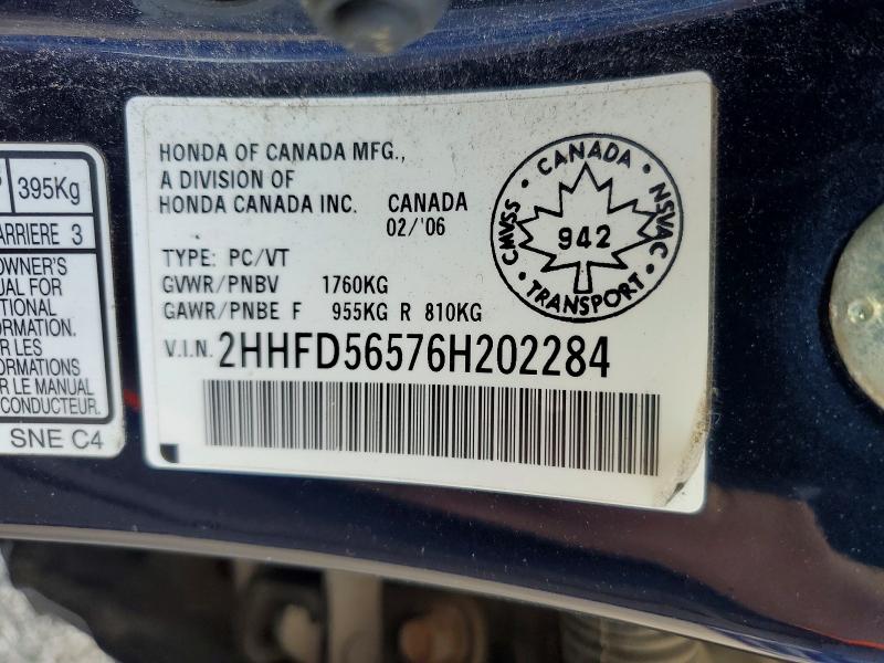 68236436 :رقم المزاد ، 2HHFD56576H202284 vin ، 2006 Acura Csx مزاد بيع