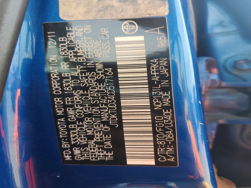 Aukcja sprzedaży 2012 Toyota Yaris, vin: JTDKTUD34CD517164, numer aukcji: 70427636
