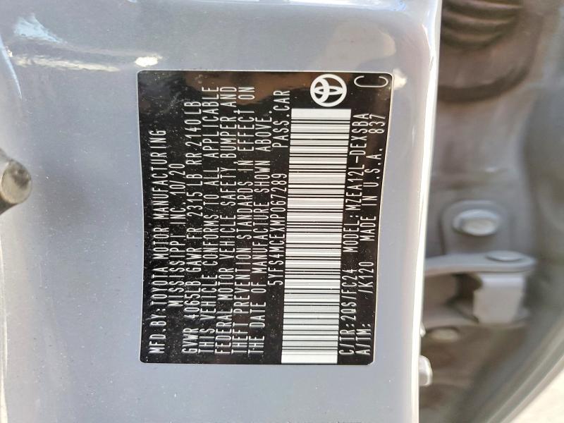 2021 Toyota Corolla მანქანა იყიდება აუქციონზე, vin: 5YFS4MCEXMP067289, აუქციონის ნომერი: 66926956