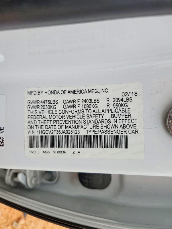 68690776 :رقم المزاد ، 1HGCV2F36JA025123 vin ، 2018 Honda Accord مزاد بيع