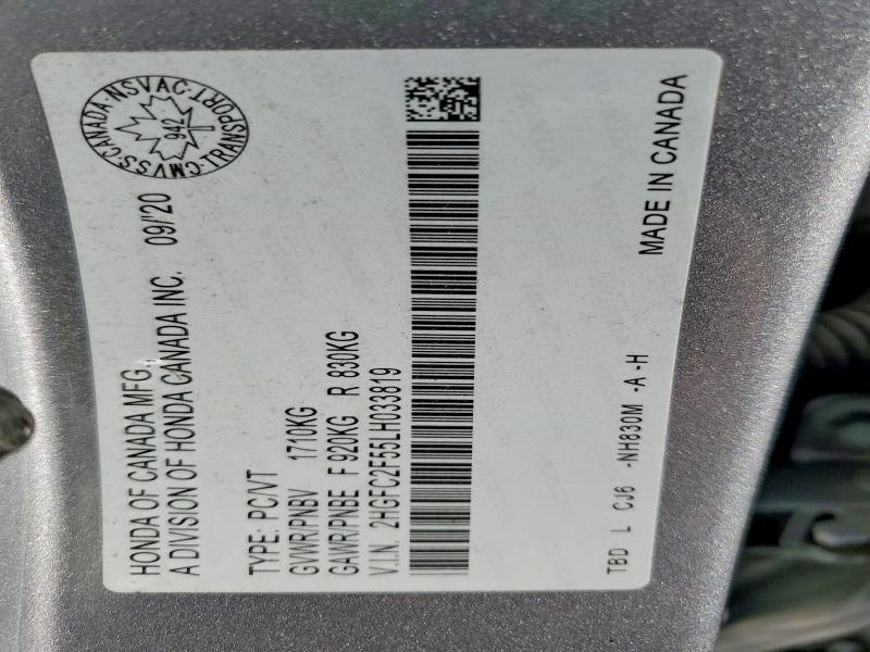 Продажа на аукционе авто 2020 Honda Civic, vin: 2HGFC2F55LH033819, номер лота: 69768156