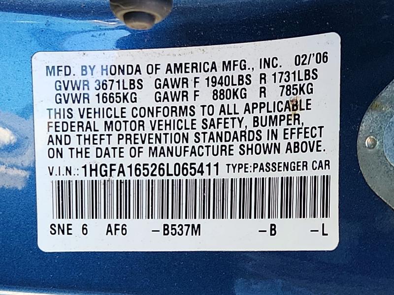 69442846 :رقم المزاد ، 1HGFA16526L065411 vin ، 2006 Honda Civic مزاد بيع