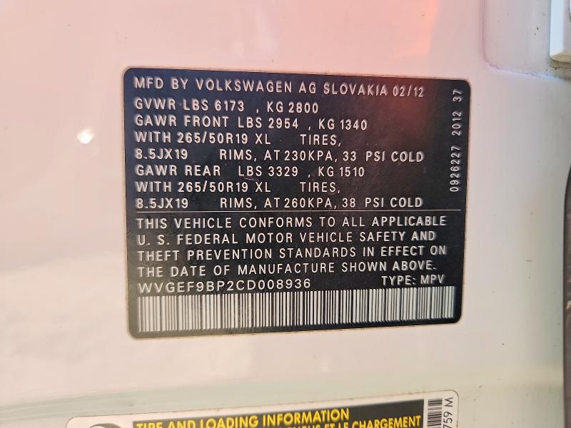 68050166 :رقم المزاد ، WVGEF9BP2CD008936 vin ، 2012 Volkswagen Touareg مزاد بيع