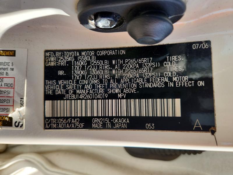 Aukcja sprzedaży 2006 Toyota 4runner, vin: JTEBU14R260104019, numer aukcji: 68784206