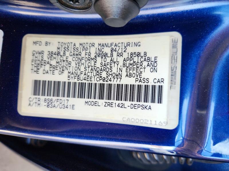 70682236 :رقم المزاد ، 5YFBU4EE1CP024777 vin ، 2012 Toyota Corolla مزاد بيع