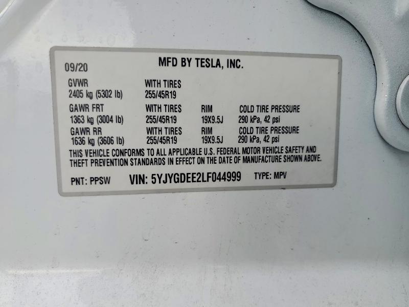 2020 Tesla Model Y მანქანა იყიდება აუქციონზე, vin: 5YJYGDEE2LF044999, აუქციონის ნომერი: 70368516