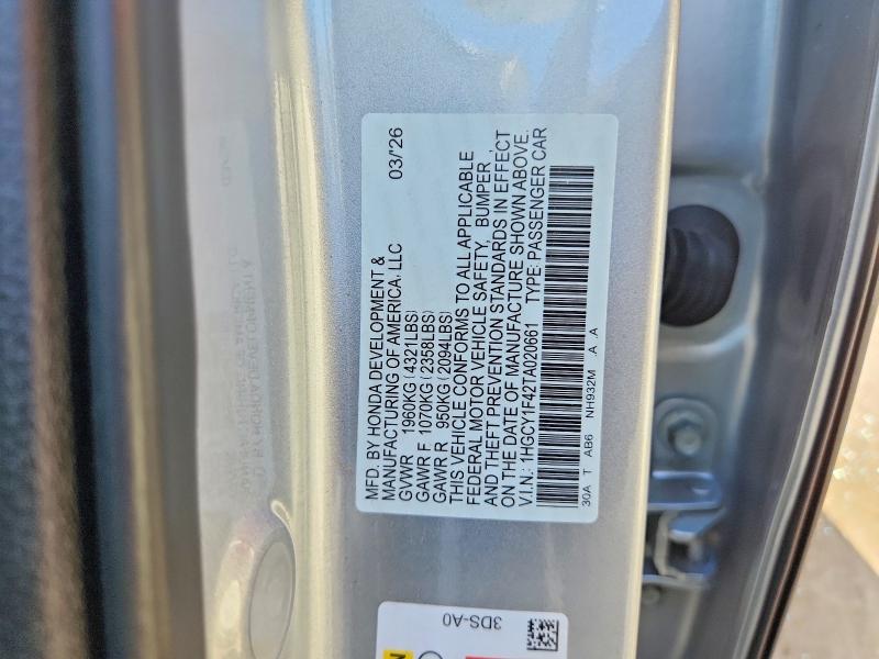 68816976 :رقم المزاد ، 1HGCY1F42TA020661 vin ، 2026 Honda Accord مزاد بيع