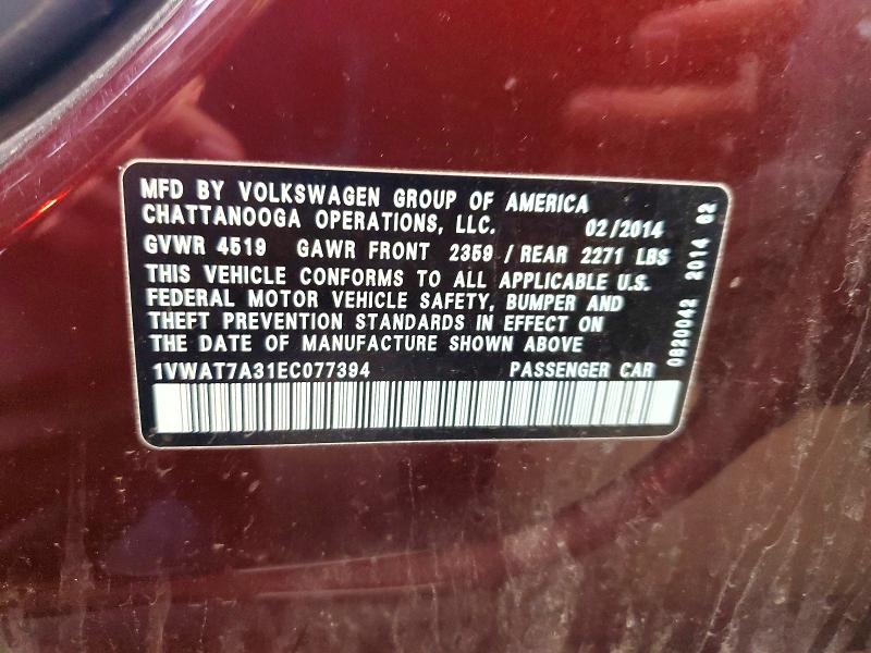 70023206 :رقم المزاد ، 1VWAT7A31EC077394 vin ، 2014 Volkswagen Passat مزاد بيع