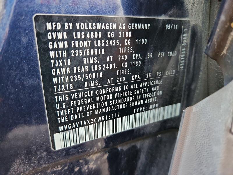 69159596 :رقم المزاد ، WVGAV7AX2CW518117 vin ، 2012 Volkswagen Tiguan مزاد بيع