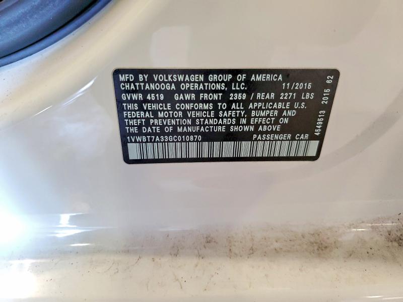 65949536 :رقم المزاد ، 1VWBT7A33GC010870 vin ، 2016 Volkswagen Passat مزاد بيع