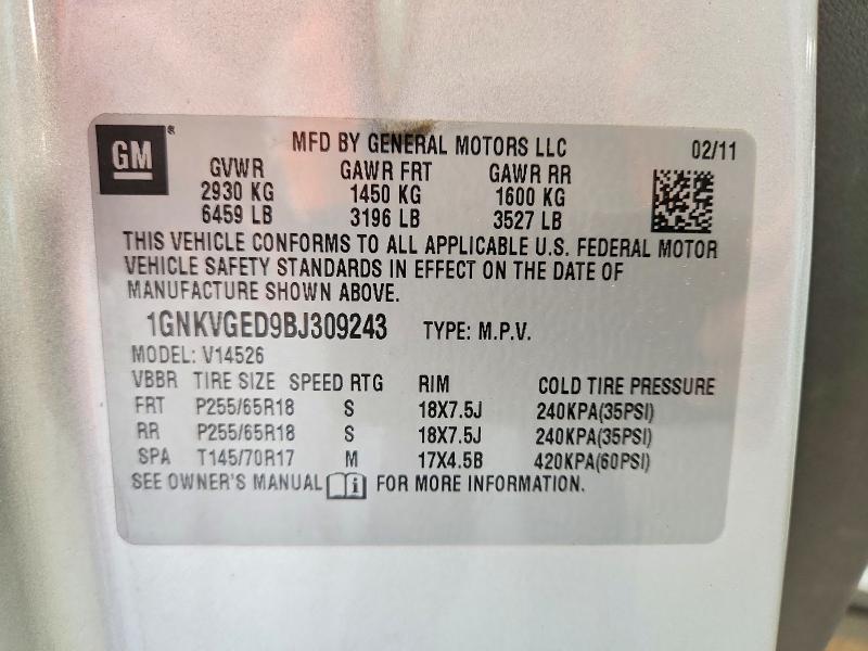 Продаж на аукціоні авто 2011 Chevrolet Traverse, vin: 1GNKVGED9BJ309243, номер лоту: 70243986
