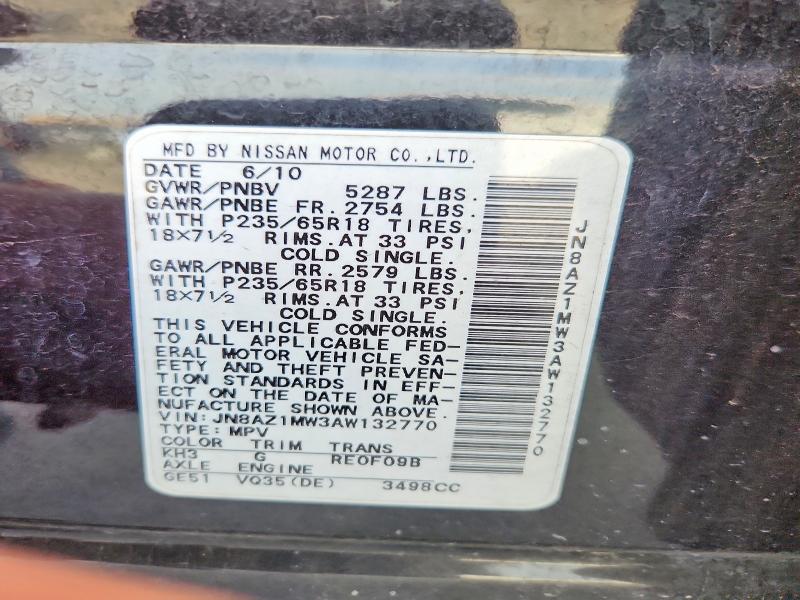 Продаж на аукціоні авто 2010 Nissan Murano, vin: JN8AZ1MW3AW132770, номер лоту: 69958676