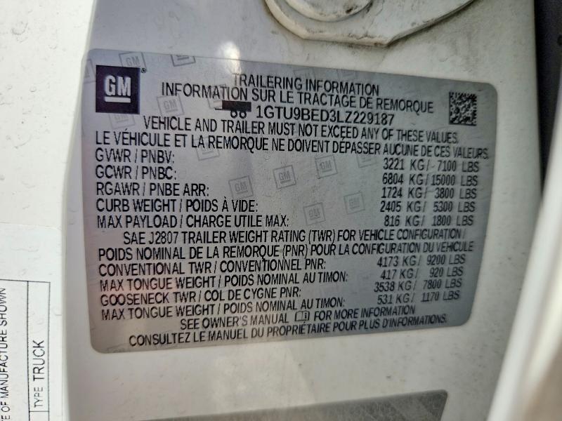 67673216 :رقم المزاد ، 1GTU9BED3LZ229187 vin ، 2020 Gmc Sierra مزاد بيع