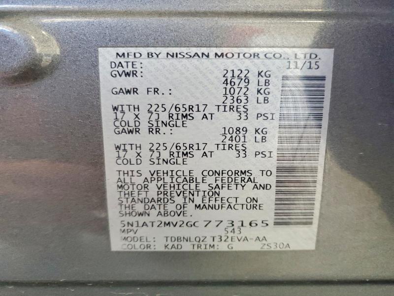 2016 Nissan Rogue მანქანა იყიდება აუქციონზე, vin: 5N1AT2MV2GC773165, აუქციონის ნომერი: 68538766