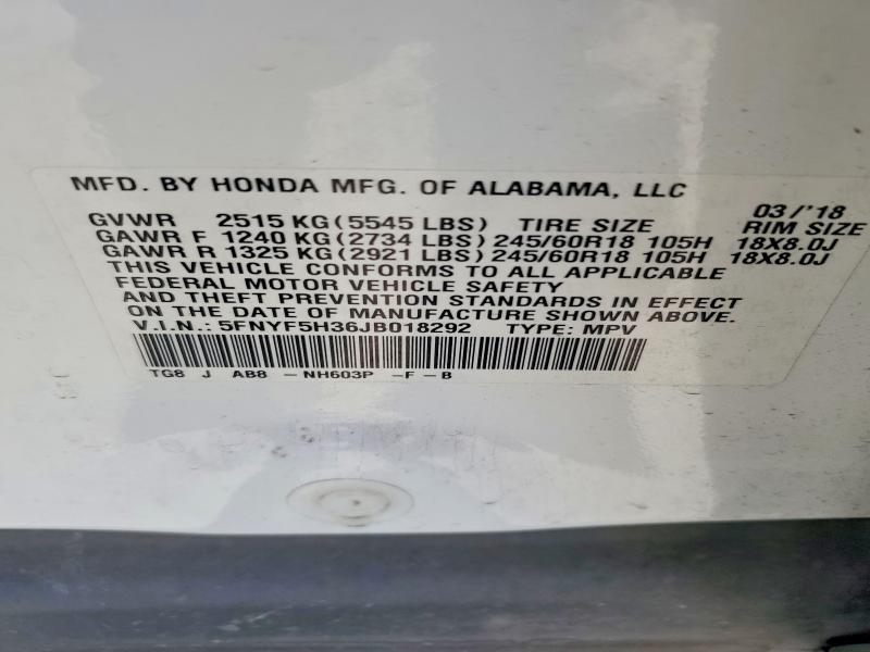 Продажа на аукционе авто 2018 Honda Pilot, vin: 5FNYF5H36JB018292, номер лота: 68650216