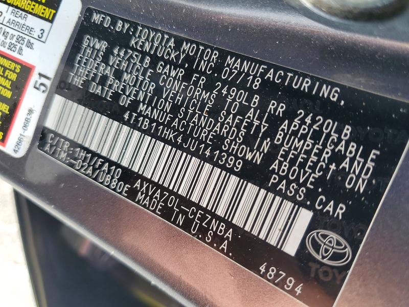 2018 Toyota Camry მანქანა იყიდება აუქციონზე, vin: 4T1B11HK4JU141399, აუქციონის ნომერი: 69016926