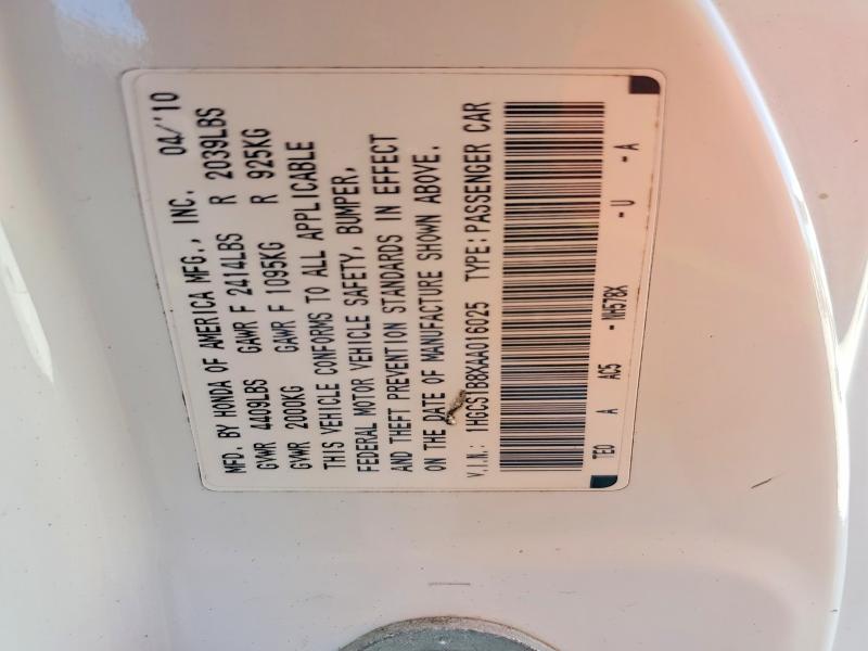 69551596 :رقم المزاد ، 1HGCS1B8XAA016025 vin ، 2010 Honda Accord مزاد بيع