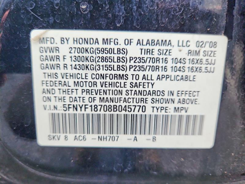 69516676 :رقم المزاد ، 5FNYF18708B045770 vin ، 2008 Honda Pilot مزاد بيع