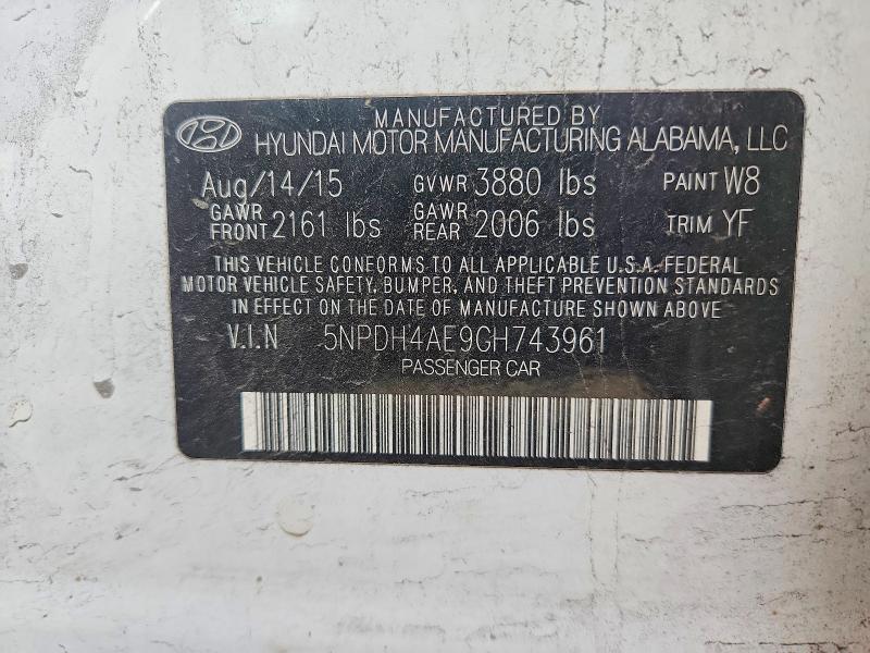 2016 Hyundai Elantra მანქანა იყიდება აუქციონზე, vin: 5NPDH4AE9GH743961, აუქციონის ნომერი: 68953826