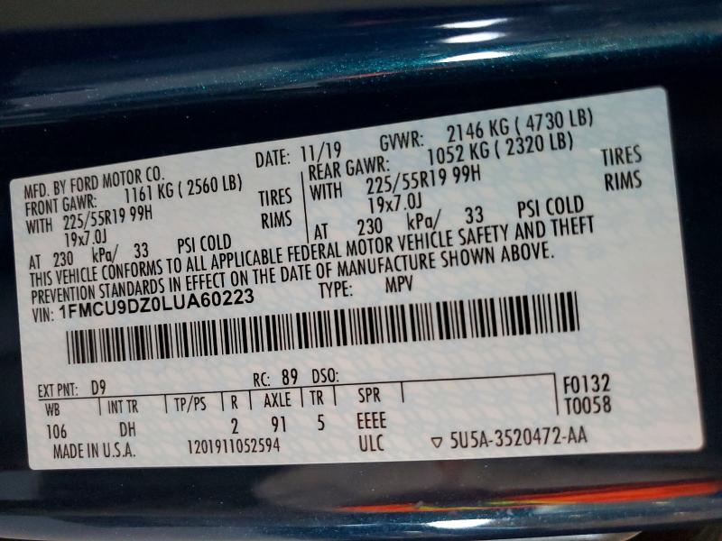 Продаж на аукціоні авто 2020 Ford Escape, vin: 1FMCU9DZ0LUA60223, номер лоту: 69008326